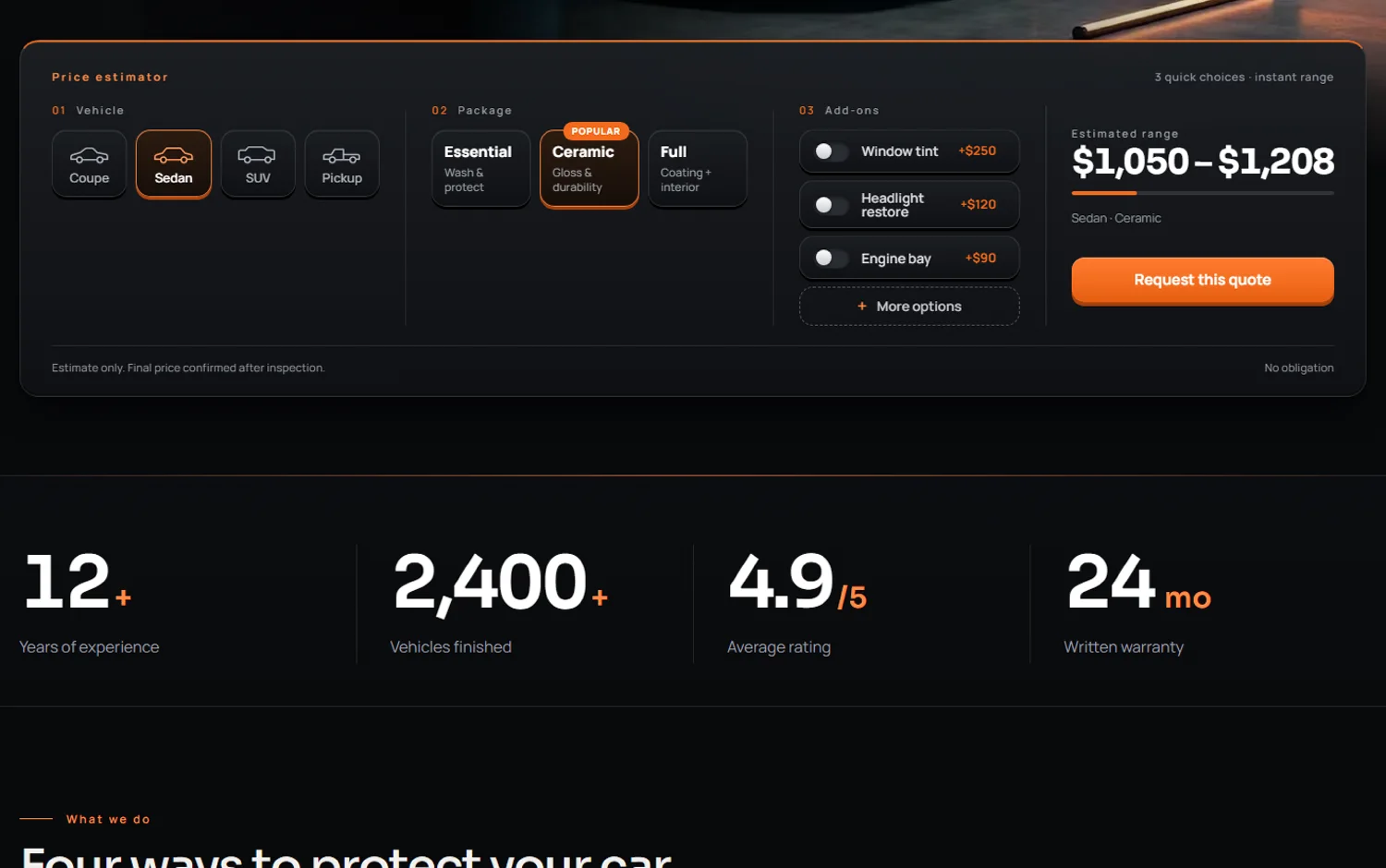 Meridian Detail price calculator with vehicle, package and add-on choices