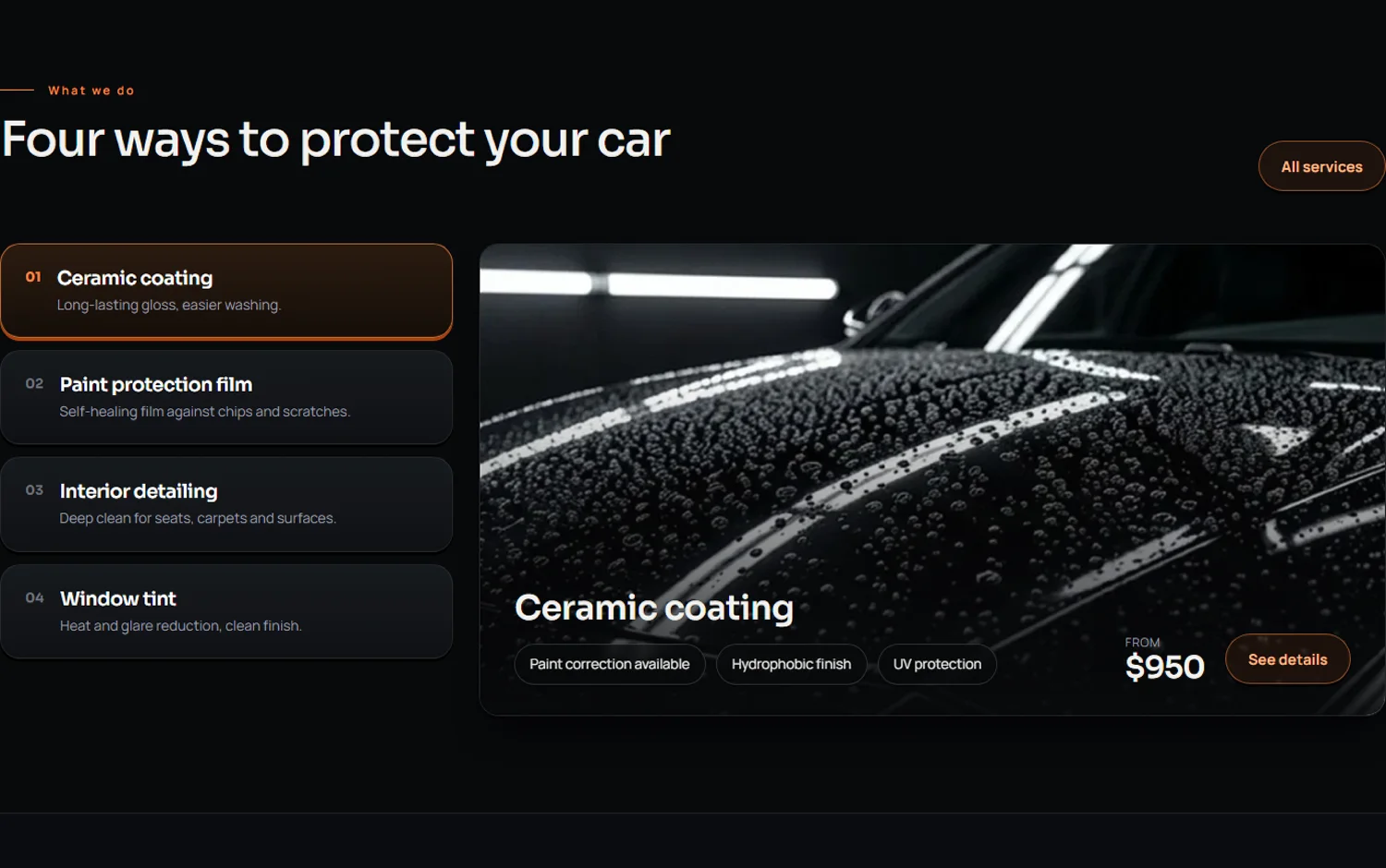 Meridian Detail services section with tabs and a large image