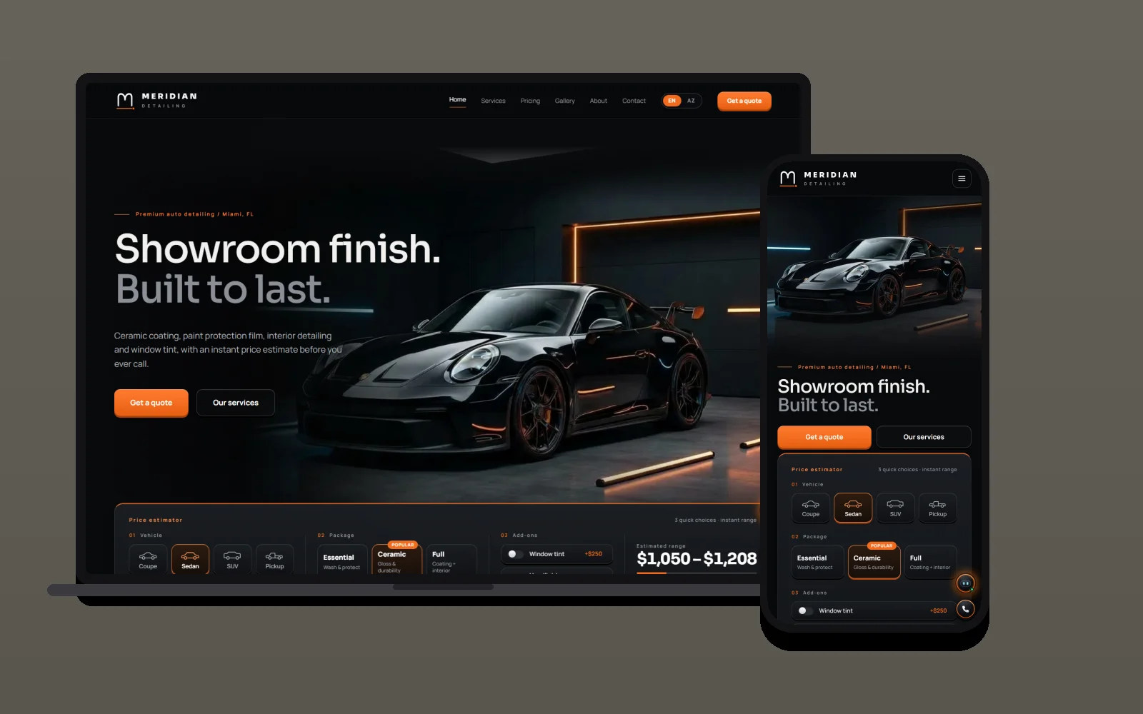 Meridian Detail website on a laptop and a phone: hero, price calculator and mobile layout